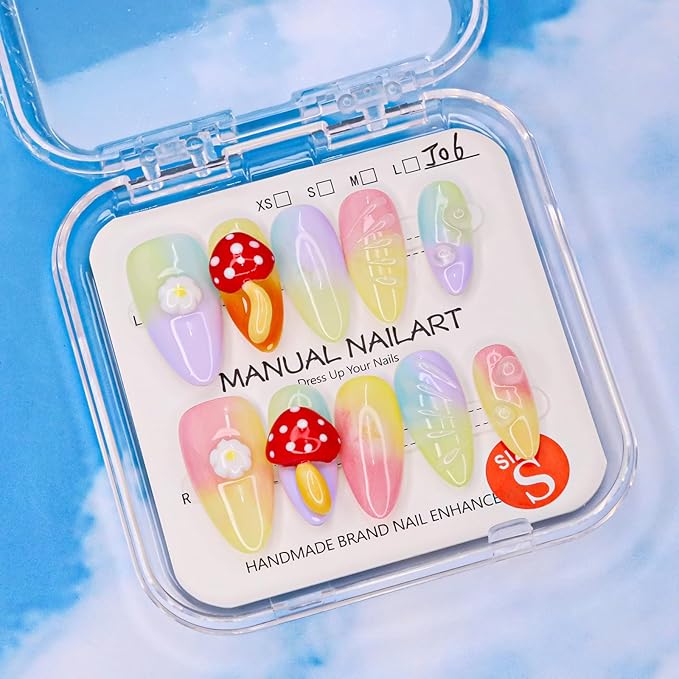 Handmade Press on Nails Almond False Nails Colorful Gradient False Nails with 3D Mushroom Daisy Designs Cute Medium Fake Nails Thick and Muti-Layer Gel Acrylic Nails for Women (Size S)