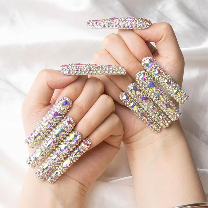 LOVFUL Press on Nails Eternal Stunning | Handmade with Full Covered Crystals | Reusable Fake Nails | Square | H46-M, pink