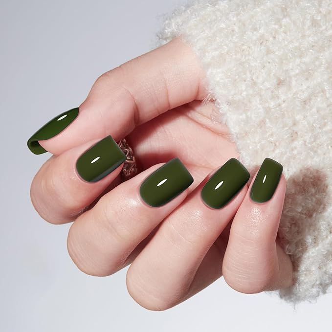 Modelones Moss Green Press on Nails, Short Square Fake Nails, Reusable Nail Kit with Nail Glue Adhesive Tabs Mini Nail File, Spring Nails Press Ons 32Pcs16 Sizes, Women Girl Gift