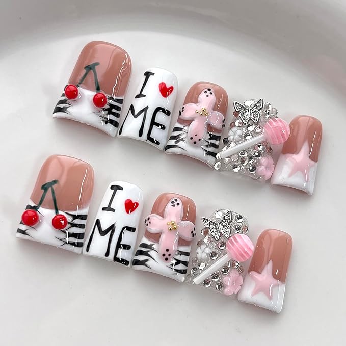 French Tip Press on Nails Handmade Short Duck 3D Flower Thick Acrylic Nails Cute False Nails with Lollipop Cherry Stars Designs White Glossy Fake Nail Sturdy Art Press on Nail 10Pcs(S)