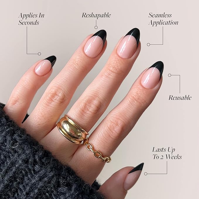 Glamnetic Press On Nails - Caviar Fake Nails | Semi-Transparent, Short Almond Nails, Salon Quality | 15 Sizes - 30 Nail Kit with Glue