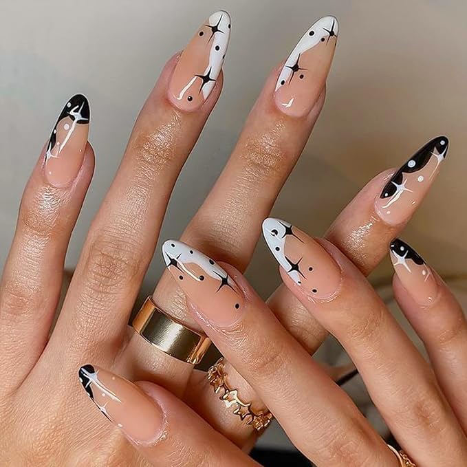 GLAMERMAID Black Press on Nails Medium Almond, Emo Crush Jelly Gel Gothic Stiletto False Glue on Nails Kit with Moon Star Desgin for Women, Reusable Short Oval Stick on Acrylic Fake Nail Manicure Set