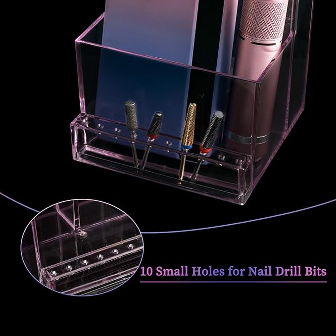 ANGNYA Nail Drill Holder Grinding Bit Storage Box, 10 Holes Transparent Nail Drill Bit Holder Plastic Nail Drill Tool Organizer Manicure Tools Display Box for Nail Tech Supplies(Pink)