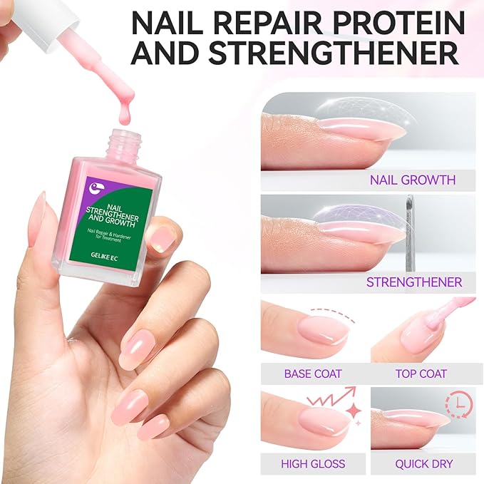 Nail Repair Protein for Thin Nails: Gelike EC 6 in 1 Natural Nail Strengthener Hardener Extra Strong and Growth - Long Lasting and Fast Dry Polish for Damaged Treatment(Pink 15ml)