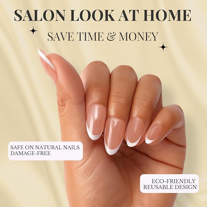 Press On Nails French Tip Almond - White Glossy Acrylic, Long Lasting Reusable Fake Nails with Glue, Adhesive Tabs, File, Prep Pad, Manicure Stick 30Pcs in 15 Sizes for Everyday or Fall