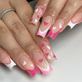 Valentines Press on Nails Long Coffin False Nails Pink Glitter French Tip Glue on Nails Glossy Deigns Heart Fake Nails Valentines Nails Tips Full Cover Acrylic Nails for Women Girls 24Pcs