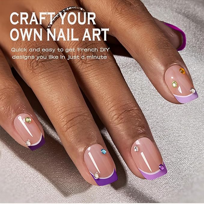 Purple French Gel Nail Tips, 150Pcs Extra Short French Tip Press on Nails, Pre-Matte Full Cover Square Acrylic Fake Nails, Soak off False Nail Tips for Women Nail DIY Extension 15Sizes