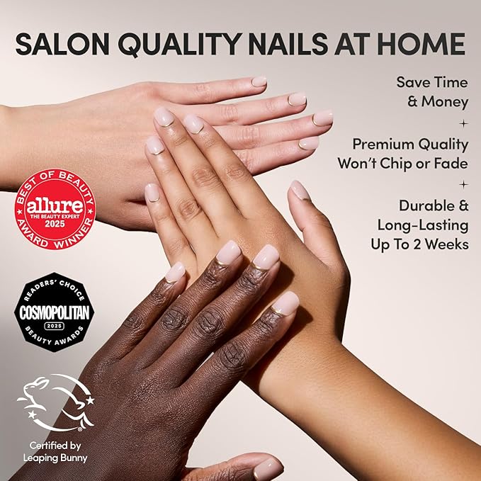 Glamnetic Press On Nails - Quiet Luxury | Super Short Neutral Fake Nails with Gold Reverse French Tip, Extra Short Salon Quality Nude Nails | 12 Sizes - 30 Nail Kit with Glue