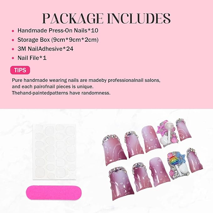 10Pcs Medium Handmade Press on Nails Duck Fake Nails Purple Ombre Full Cover False Nails Press Ons with 3D Rhinestones Designs Acrylic Stick on Nail for Women Manicure (Size M)