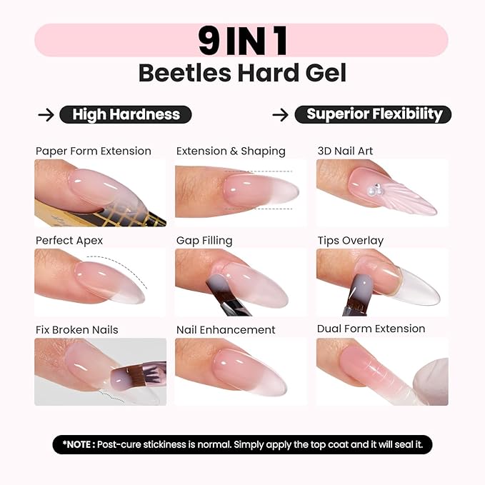Beetles HEMA-Free Hard Gel for Nails-1.06oz 9 in 1 Jelly Pink UV/LED Lamp Cured Sculpting Stengthener Gel for Nail Extension & Nail Repair High Hardness for Manicurist Women