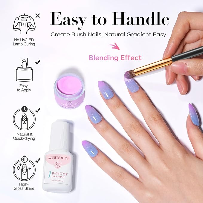 AZUREBEAUTY Dip Powder Nail Kit, Pinkish Blue Ombré 4 Colors Upgraded Brush One-Step Dipping Powder with Base & Top Coat Activator for French Nail Art Manicure Salon DIY at Home