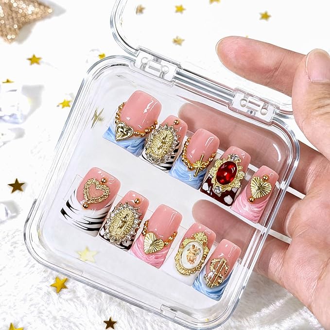 10 Pcs Handmade Acrylic Press on Nails Short Duck Fake Nails with Design 3D Gold Metal Rhinestone Heart Charm Glue on False Nails French Tip Pink Artificial Handmade Nails for Women - Size M