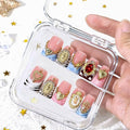 10 Pcs Handmade Acrylic Press on Nails Short Duck Fake Nails with Design 3D Gold Metal Rhinestone Heart Charm Glue on False Nails French Tip Pink Artificial Handmade Nails for Women - Size M