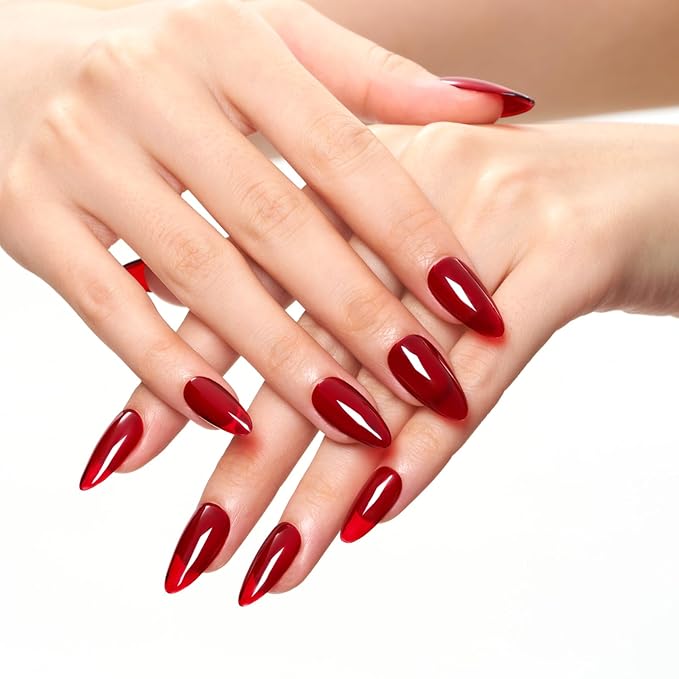 GLAMERMAID Ruby Red Press on Nails Medium Almond, Handmade Jelly Soft Gel Deep Dark Red Glue on Nails Stiletto, Burgundy Emo Fake Nails Short Oval, Reusable Acrylic Stick on False Nails Kit for Women