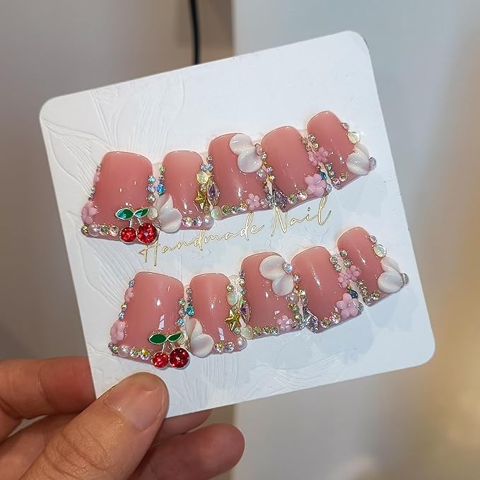 Duckbill Shape Press on Nails with Kit,3D Floral Carving Cherry Blush Pink Fake Nails with Tools,Sparkling Icy French Tips False Nails with Rhinestone,Sweet Glazed Artificial Duckbill Nails(L)