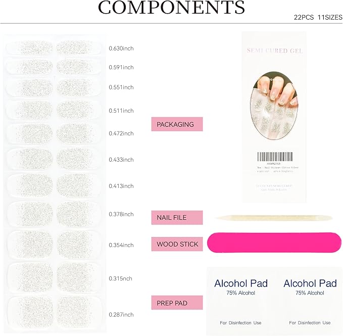 Semi Cured Gel Nail Strips Silver Glitter Nail Strips French Sequin Nail Sticker with UV/LED Required Long Lasting Gel Nail Stickers Includes 22 Strips 2 Prep Pads, Nail File & Wooden Stick
