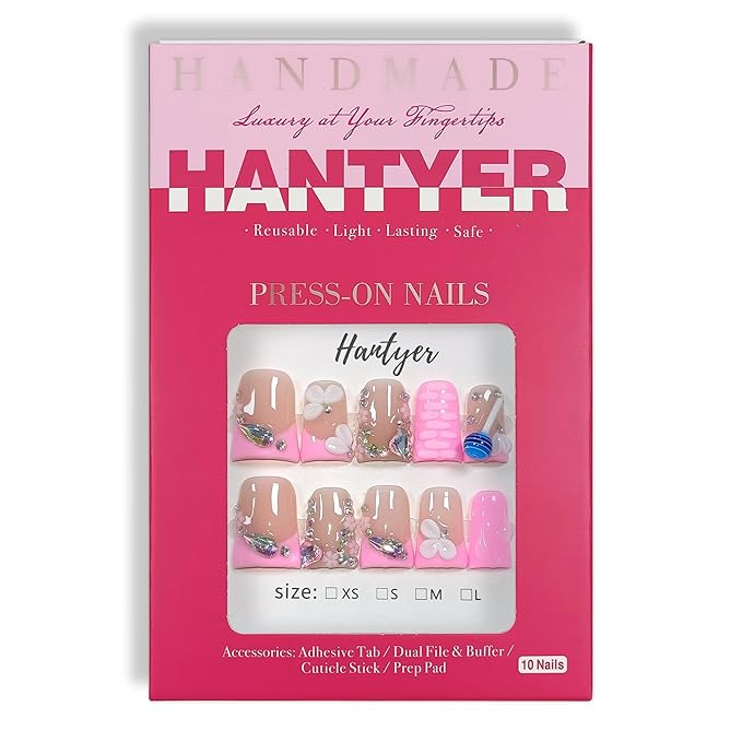 10pcs French Tip Press on Nails with Tools Kit, Short Duckbill Glossy Pink French Tips, Rhinestones & 3D Floral Designs, Icy Shimmer Finish, Reusable & Easy Apply for Parties (Size M)