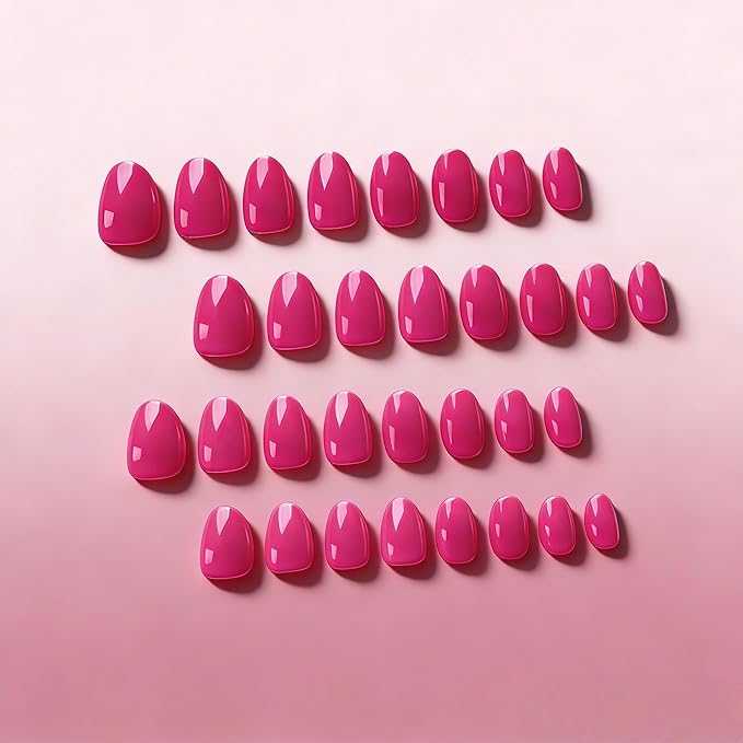 KQueenest Press On Nails Short - Hot Pink Press On Nails Oval, 32 Pcs 16 Sizes Natural Short Fake Nails Press ons Almond, Reusable Glossy Vibrant Gel Glue on Nail with Glue for Summer Wear, Fushia