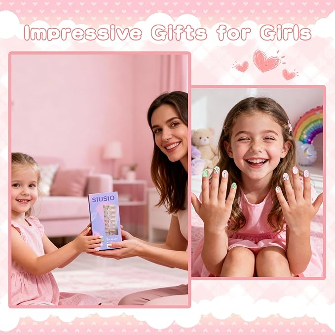 SIUSIO 3Pack Children Acrylic Fake Nails, 72pcs Press on Full Cover Daisy French Tips Short Almond False Nail Art Kits Set with Sticker Tabs Nail Glue Gel for Kids Little Girls Women - Spring Memory