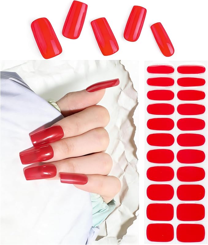 Semi Cured Gel Nail Strips Red Solid Gel Nail Stickers with UV/LED Required Long Lasting Gel Nail Stickers Includes 22 Strips 2 Prep Pads, Nail File & Wooden Stick