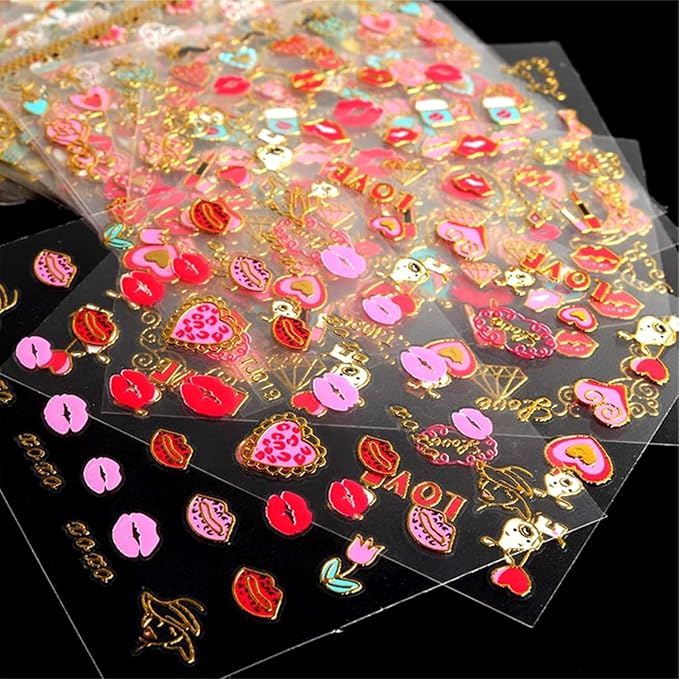 30 Sheets Valentine's Day Nail Art Stickers Decals Self-Adhesive Nail Decals Heart & Rose Designs Nail Supplies Lip Nail Decoration Accessories for Women