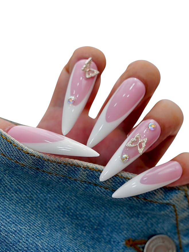 Press On Coffin Nails – 10PCS Long Pink French Tip Nails with Butterfly Rhinestones, Glossy Reusable Fake Nails for Women and Girls – Euphrosyne