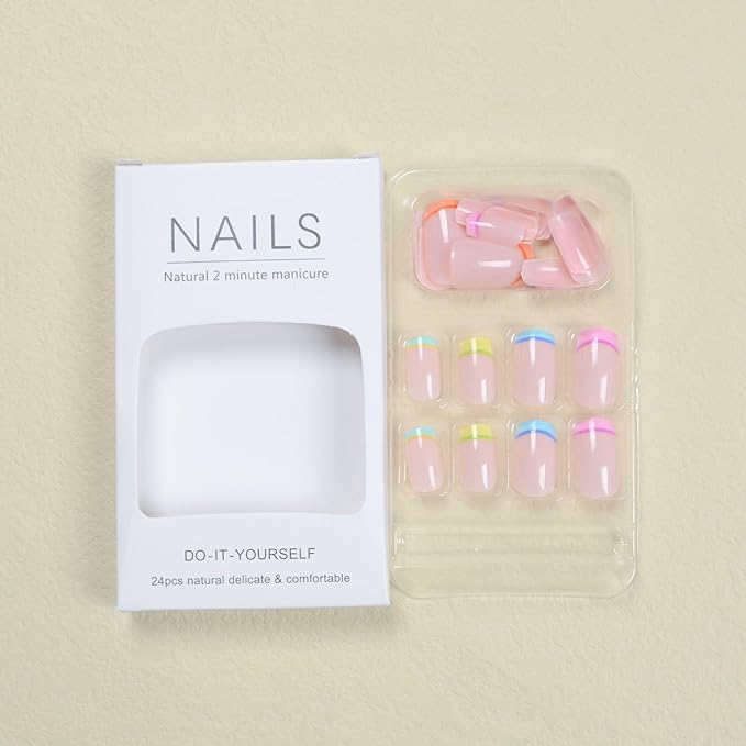 Short Press on Nails Square - Colorful French Tip Fake Nails - Cute Full Cover Stick on False Nails - for Women Manicure 24 Pcs