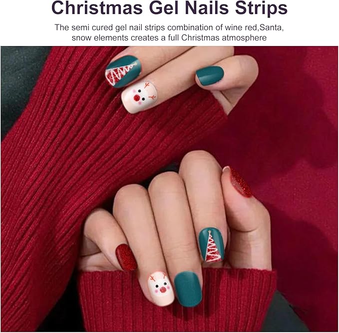 Semi Cured Gel Nail Strips,28 pcs Christmas Nail Stickers for Women,Long Lasting Gel Strips with Any UV Light,Red Green Christmas Sticker for Nails Easy to Apply