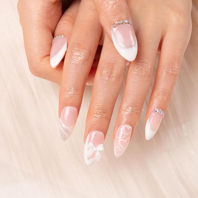 LOVFUL Press on Nails Silver Blanc | Handmade with Full Covered Crystals | Reusable Fake Nails | Almond Regular 1.0 in | H309-L
