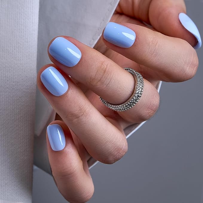 CurvLife Soft Gel Press On Nails Square, Long-Lasting 30Pcs Reusable Stick On Fake Nails Kit with Glue Tabs, Glossy Salon-Style Manicure for Women Teens Beginners, At-Home (Sky Charm)