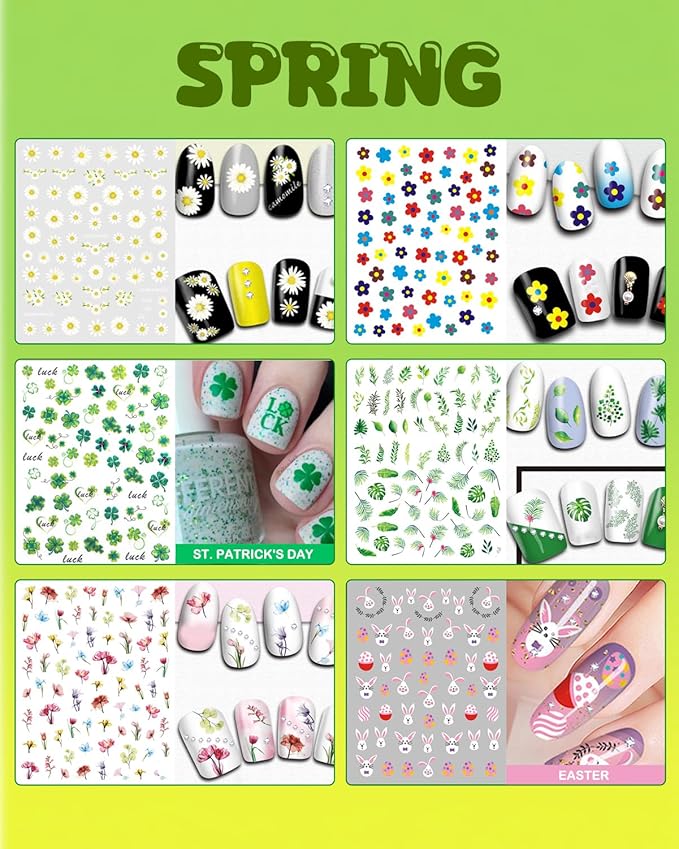 24 Sheets Seasonal Nail Art Stickers, Four Season Variety Pack All Holiday Nail Decals, Self-Adhesive Varied Design for Flowers Butterflies Halloween Christmas Spring Summer Fall Decoration