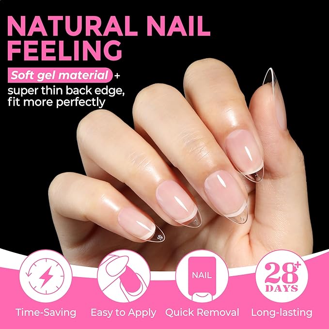 UNA GELLA Short Almond Fake Nails 216pcs Pre-Shape Gel Acrylic Nail Tips for Full Cover Nail Extension Home DIY Nail Salon 12 Sizes Gelly Tips