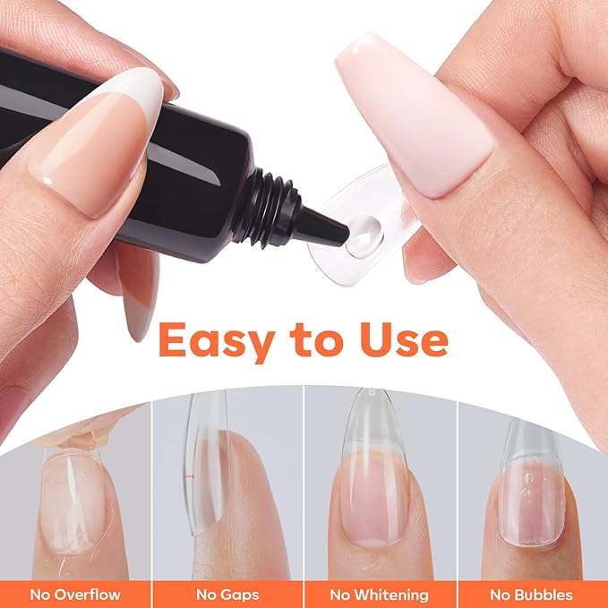 modelones X Nail Gel Kit Almond, 15Sizes Instant Apex False Nail Tips Solid Glue & Mini U/V Lamp, 240Pcs Medium Almond Pre-Building Thick Acrylic Press on Tips LED Light Extension Kit Women Gift