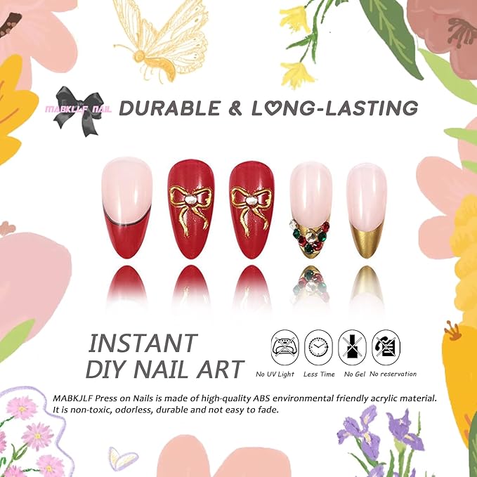 Christmas Press on Nails Medium Almond MABKJLF French Tip Fake Nails False Nails with Bow Rhinestones Glitter Designs Glossy Glue on Nail Winter Full Cover Acrylic Nails for Women Girls 24Pcs