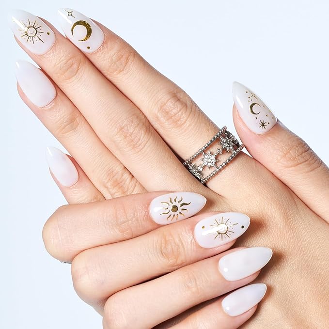 GLAMERMAID White Press On Nails Short Almond, 3D Gothic Handmade Soft Jelly Gel Fake Nails with Golden Star Blossom Design, Round Oval Stick Glue on Nail Kit for Women, Reusable Acrylic False Nail Set