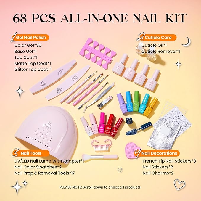 Beetles Gel Nail Polish Kit with U V Light - 35 Colors 68 Pcs Valentines Gel Polish Set One Color One Bottle Seasonal Whispers Nails Kit with Top Base Coat Beauty Must Have DIY Salon Gifts for Women
