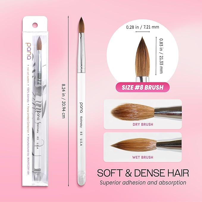 PANA Pure Kolinsky Hair Acrylic Nail Brush - Oval Crimped Clear Acrylic Handle (Size 8)