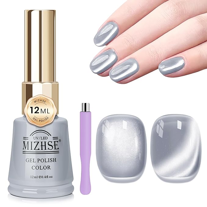 MIZHSE Cat Eye Gel Nail Polish, 12mL Silver Cateye Gel Polish Glitter Moonlight Cat Eye Effect Soak Off U V LED Gel Polish for Nail Art Manicure Salon Home DIY