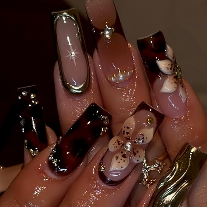Long Square Press on Nails MABKJLF 3D Gold Curve Line Nails Floral Fake Nails French Tip False Nails with Rhinestones Leopard Print Designs Glossy Glue on Nails for Women Girls 24Pcs