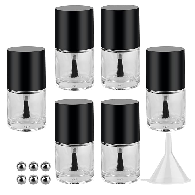 GTHER 6PCS 10ML Empty Nail Polish Glass Bottles with Brush Cap & Funnel & Mixing Balls for Nail Art