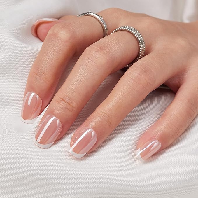 Findigit French Tip Press On Nails Short - Chrome French Tip Square Press On Nails with Glue for Women, Soft Gel Glue On Fake Nails in 16 Sizes - 32 Stick On Nails Kit, Elegant Princess