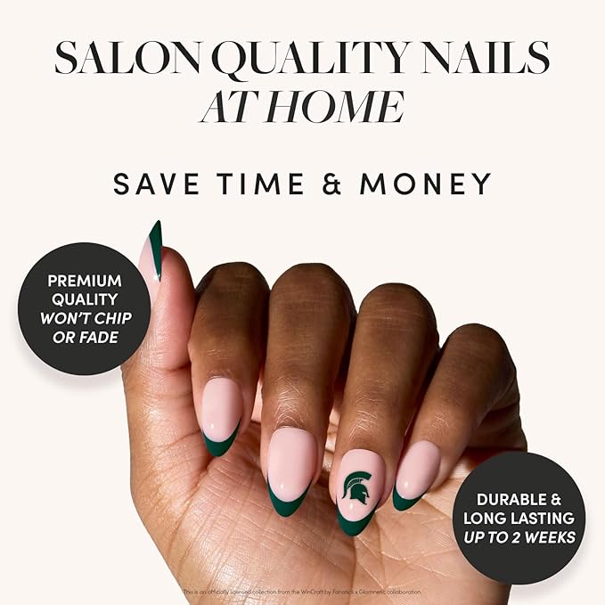 Glamnetic x Fanatics Press On Nails - Michigan State Spartans | Short Almond Fake Nails, Collegiate Spartans Green French Tips, College Nails, Salon-Quality | 15 Sizes - 30 Nail Kit with Glue