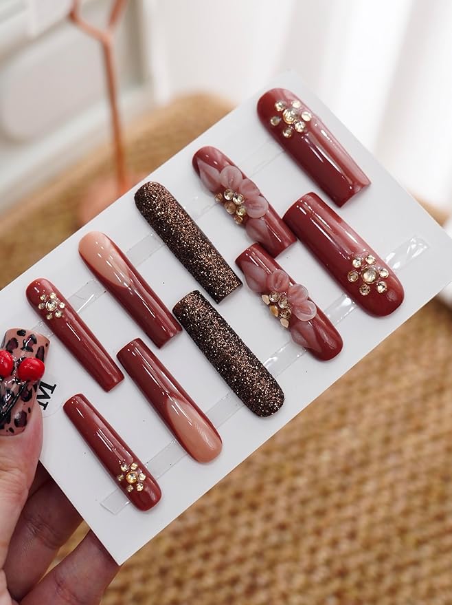 Euphrosyne Press On Nails Long Coffin – 3D Flower & Glitter Burgundy Fake Nails with Rhinestones, Reusable Handmade Luxury Acrylic Nails for Women, Glam Party Nail Tips