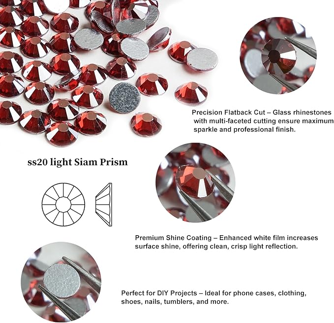 Genie Crystal SS20 Ice Light Siam Flatback Rhinestones 1440pcs, White-Film Coated red Glass Rhinestone, Non-Hotfix for Nails, Tumbler, Crafts, DIY, Clothes, Shoes, Phone Case