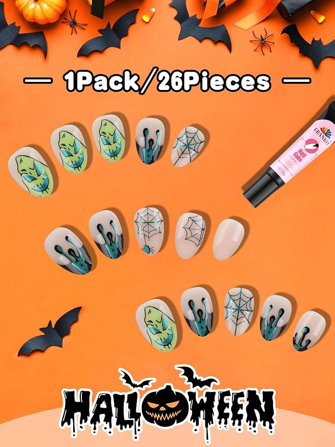 26 Pieces Halloween Press on Nails for Kids, EBANKU Kid Fake Nail Kit Green Spider Web Nightmare Press on Nails for Girls 7-12 Years with Nail Glue
