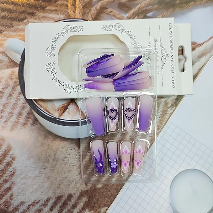 24Pcs CEWEWP Purple Press on Nails Long Coffin False Nails with Pearl Charm Rhinestone Design Glossy Stick on Nails for Women