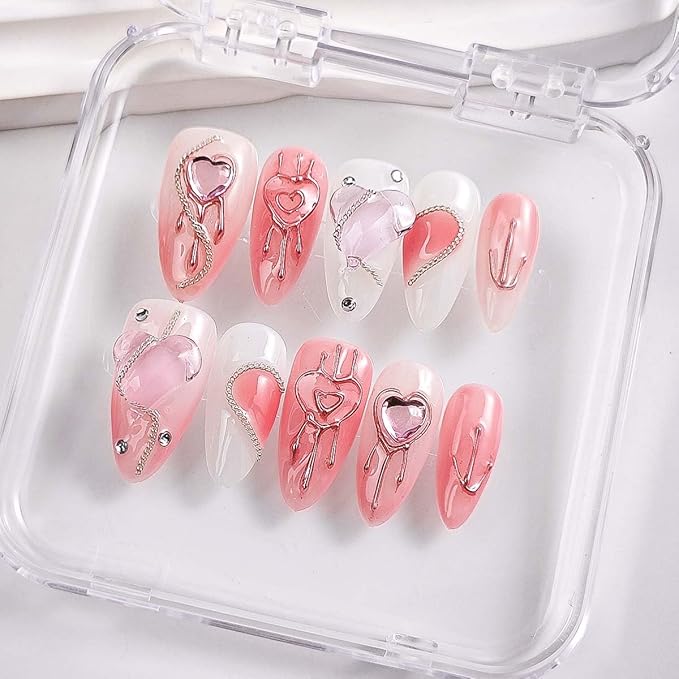 10Pcs Handmade Press On Nails Medium Almond Press On Nails Heart Rhinestone With 3D Metal Design Full Cover Acrylic False Nails Artificial Reusable Stick On Nail For Women (SIZE:S)