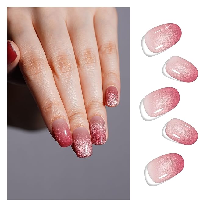 DANNI & TONI Semi Cured Gel Nail Strips Red Ombre Clear (Gloss Crush) Cat Eye Gel Nail Wraps 28 Stickers