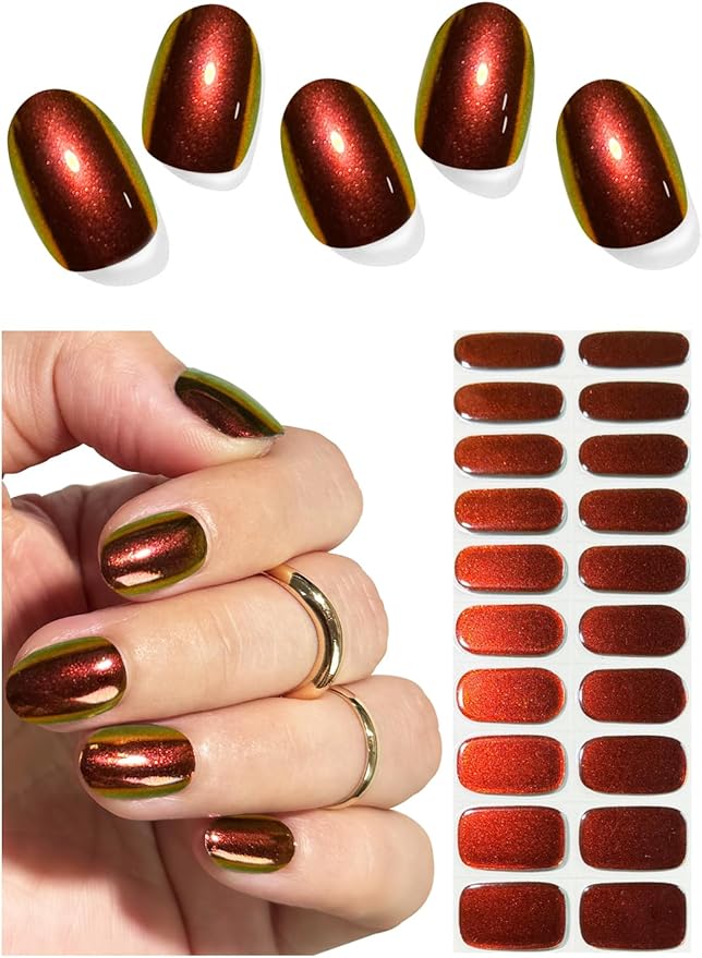 Semi Cured Gel Nail Strips, Chrome Ruby 20pcs Adhesive UV Sticker, Wraps for Home Manicure DIY