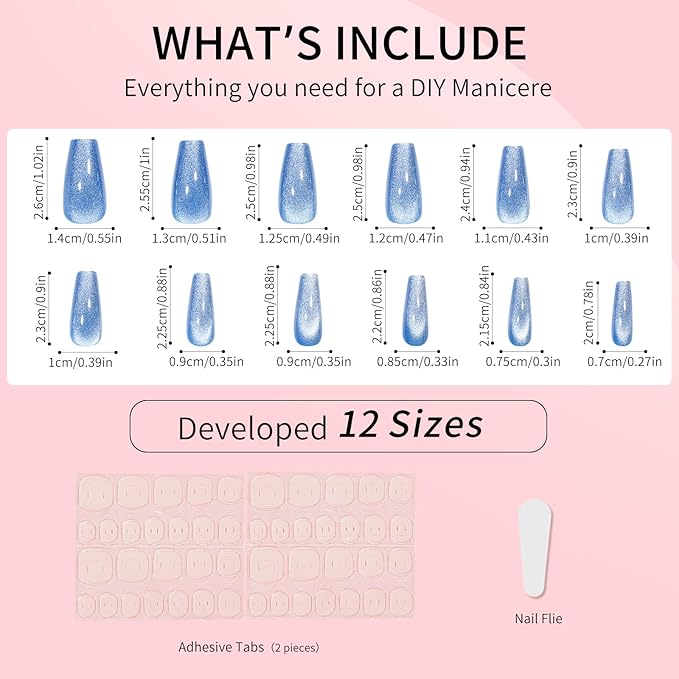 Blue Cat Eyes Press On Nails,12 Sizes-24 Pcs Soft Gel Medium Coffin Fake Nails Kit with Nail Glue, Natural Reusable Stick On False Nails for Women and Girls (Skycloud Blue Nails) SK0981